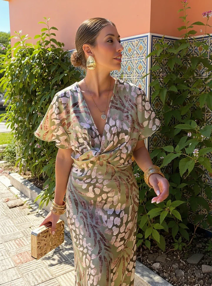 Animal Print Deep V-Neck Twist Front Maxi Dress