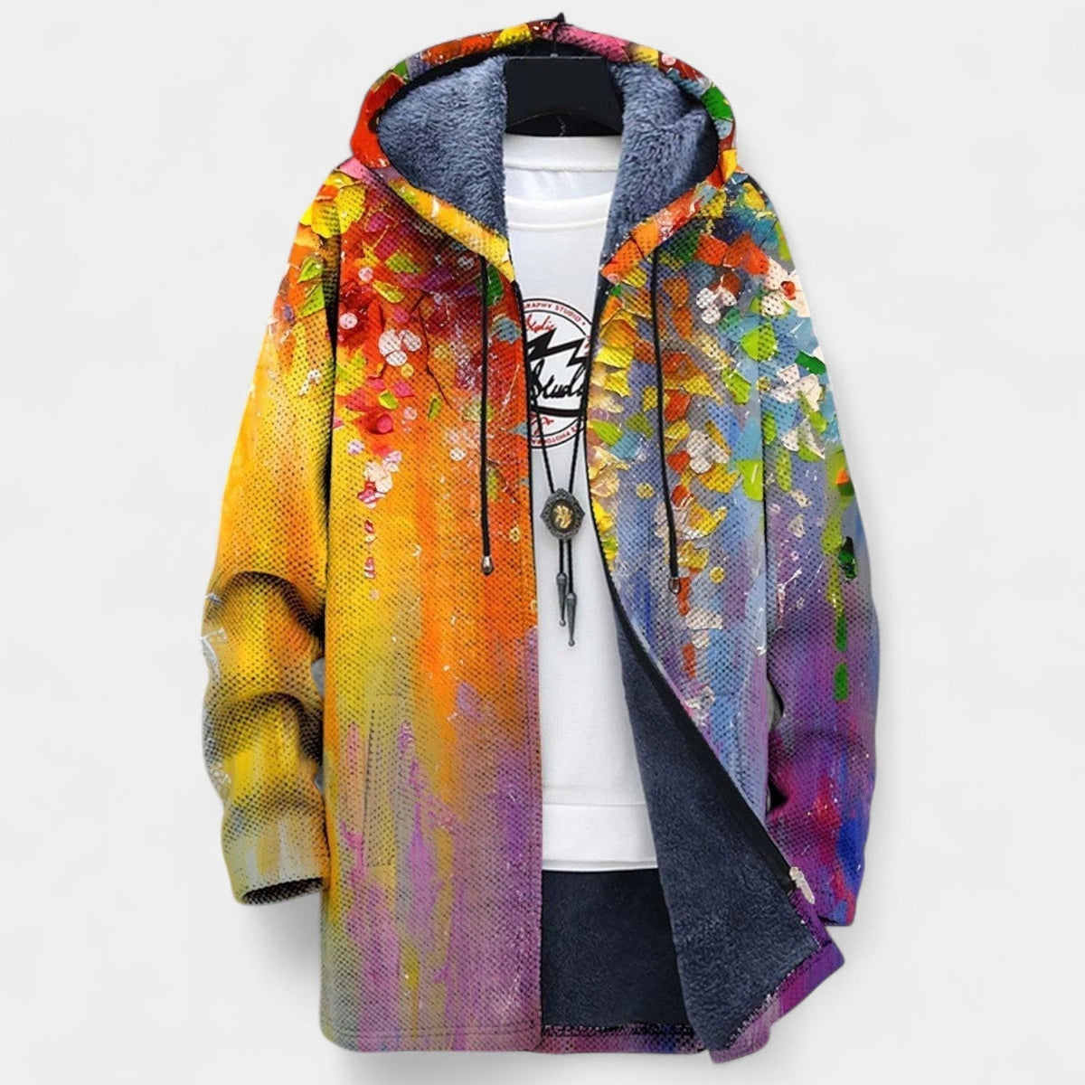 Floral Painting Print Fleece Lined Hooded Zip Front Jacket