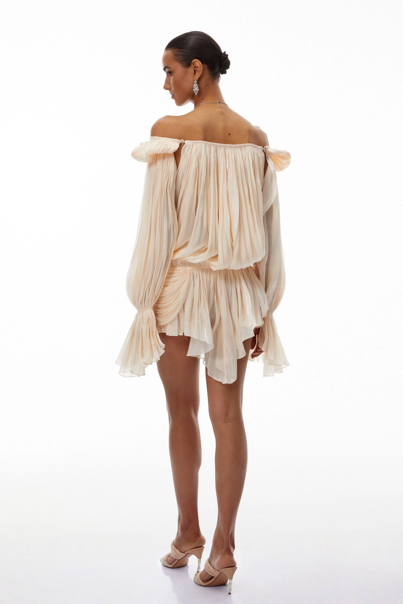 Plisse Off Shoulder Bishop Sleeve Draped Mini Dress 4
