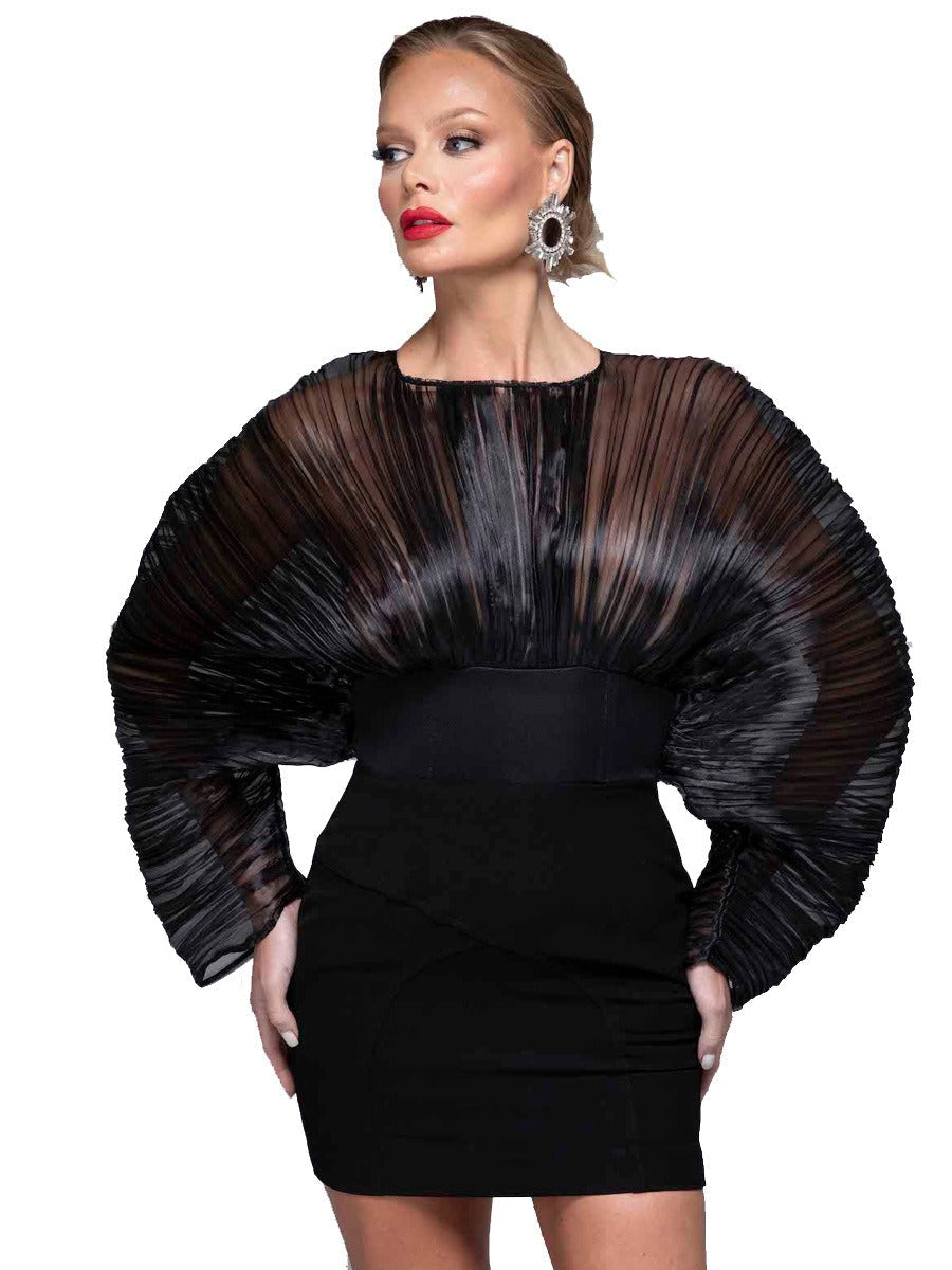 Mesh Micro Pleat Architectural Puff Sleeve Cinched Waist Panel Mini Dress