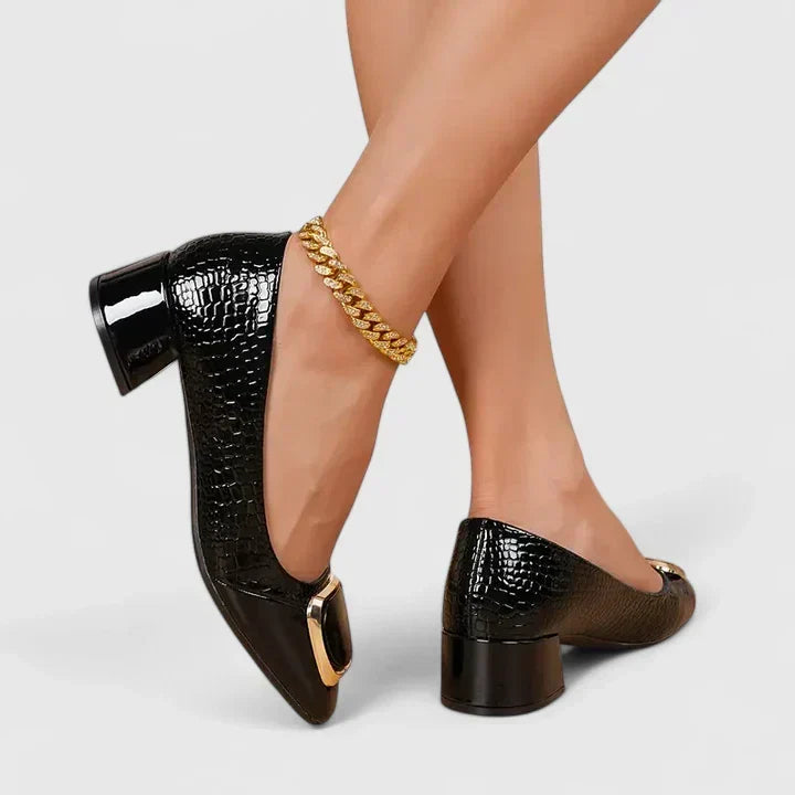 Pointed Toe Croc Embossed Block Heel Buckle Pumps