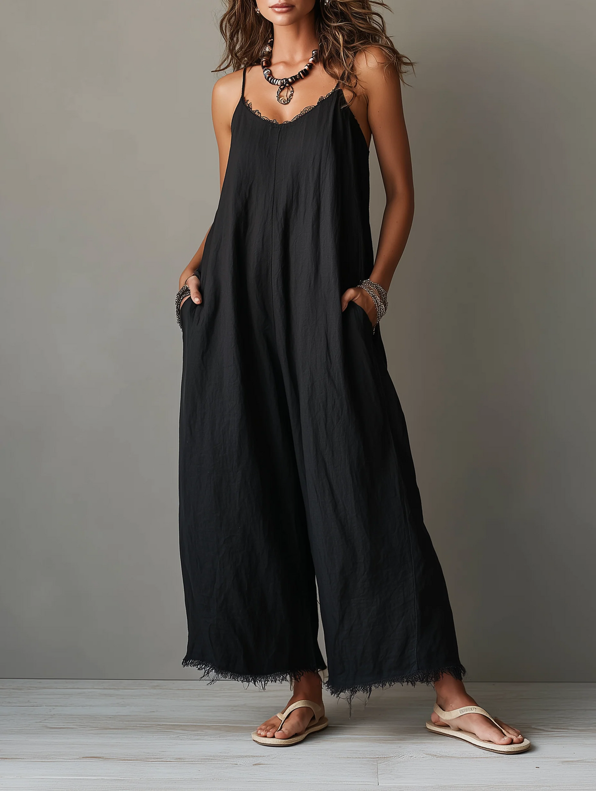 Spaghetti Strap Wide Leg Frayed Hem Jumpsuit