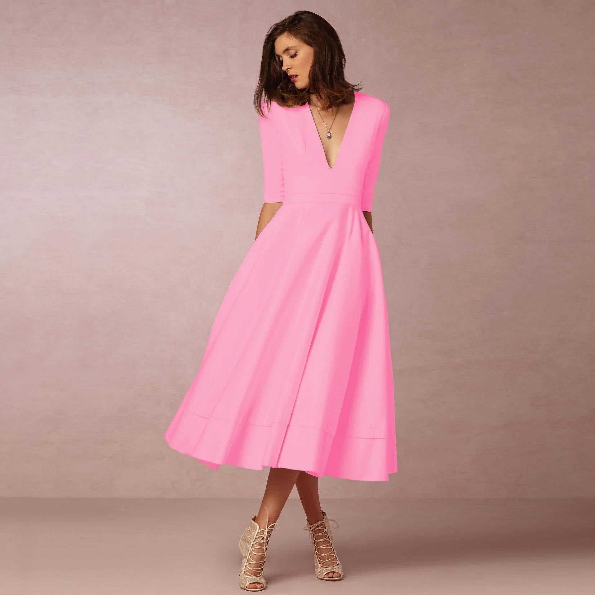Deep V-Neck Half Sleeve Fit and Flare Midi Dress