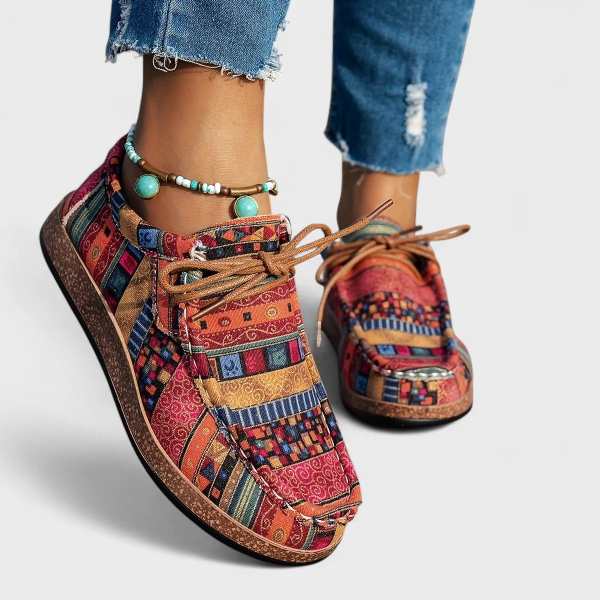 Boho Print Lace Up Flat Sneakers