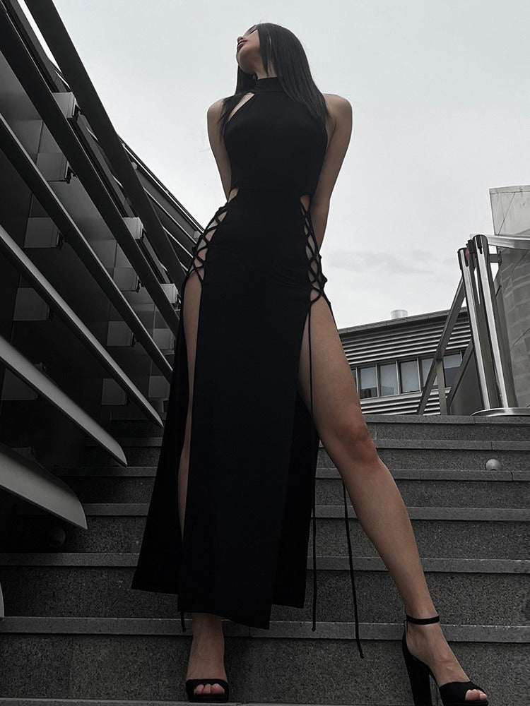 Hollow out sleeveless lace up slit solid maxi dress