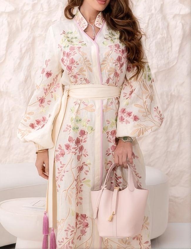 Floral Lace Up Long Sleeve Maxi Dress - View 3