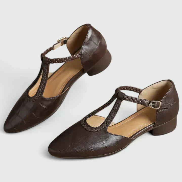 Pointed Toe Braided T-Strap Buckle Flats