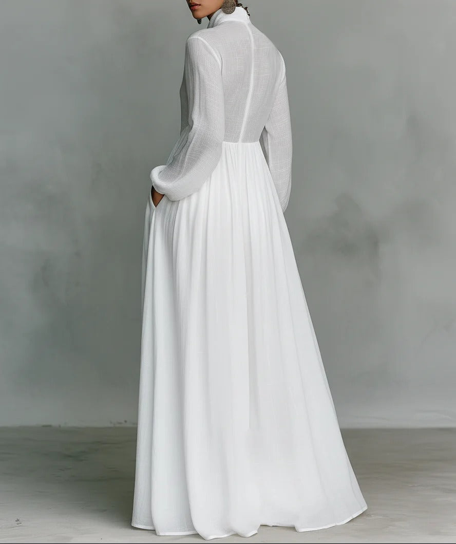 Stand Collar Long Sleeve Button Front Flowy Maxi Shirt Dress