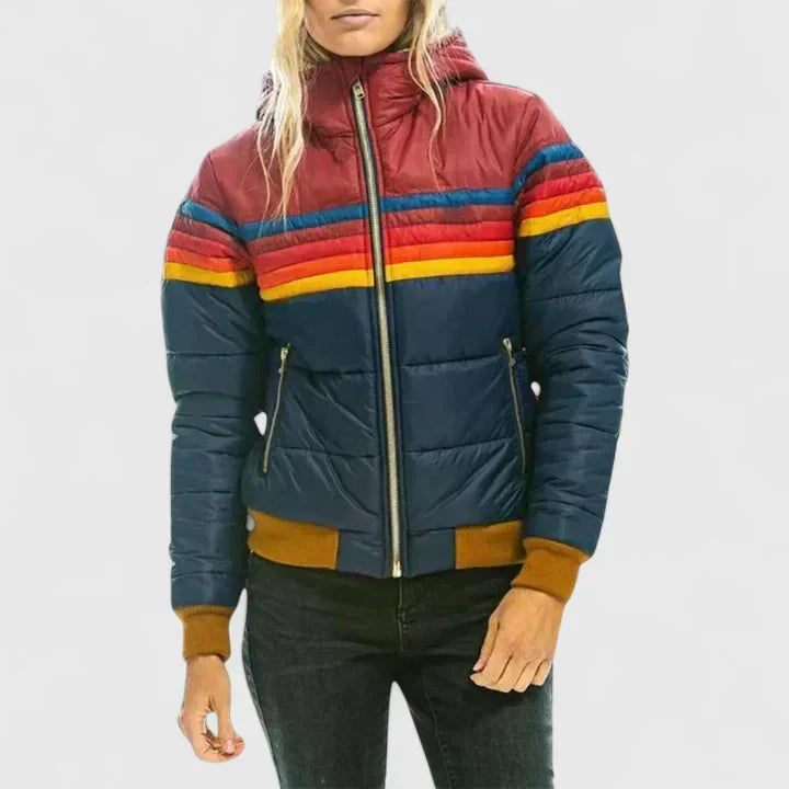 Retro Stripe Zip Front Stand Collar Puffer Jacket