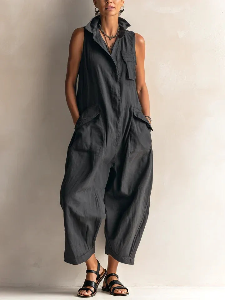 Collared Sleeveless Cargo Pocket Wide Leg Jumpsuit