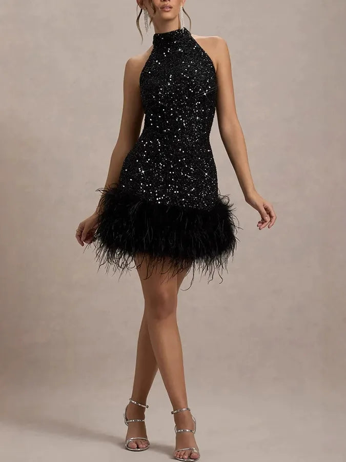 Sequin Halter Neck Feather Trim A-Line Mini Dress