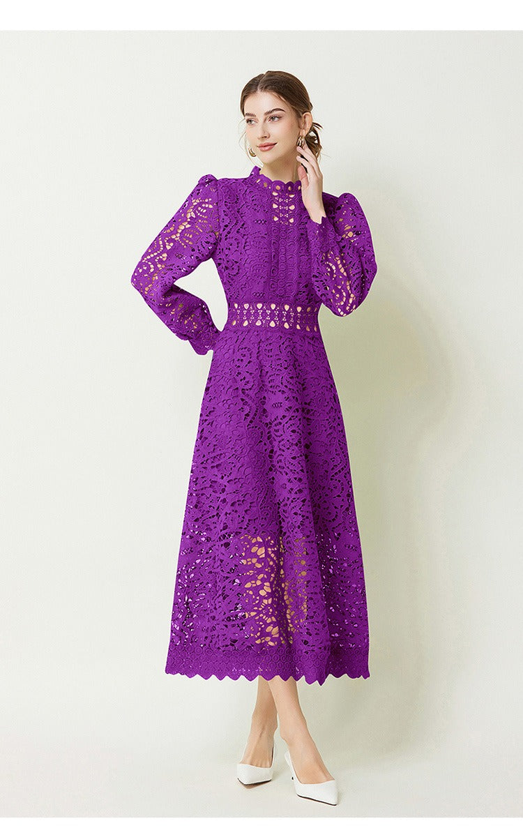 Guipure Lace Ruffle Mock Neck Puff Long Sleeve A-Line Midi Dress