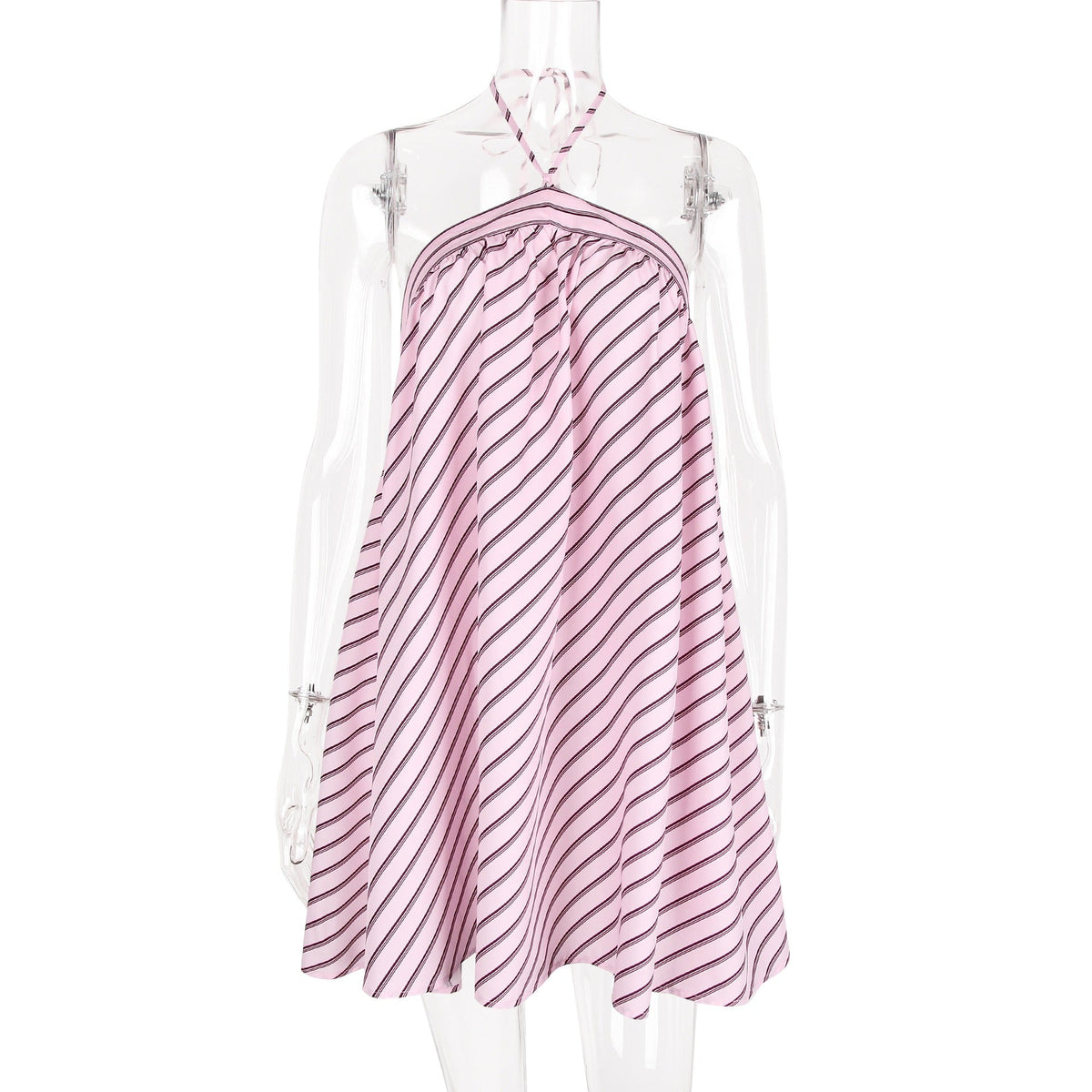 Striped Halter Neck Backless Swing Mini Dress 6