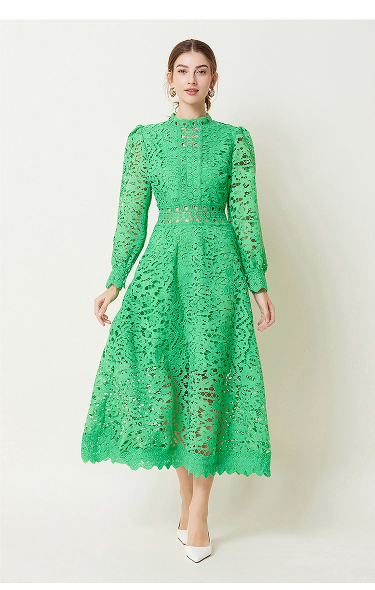 Guipure Lace Ruffle Mock Neck Puff Long Sleeve A-Line Midi Dress 3