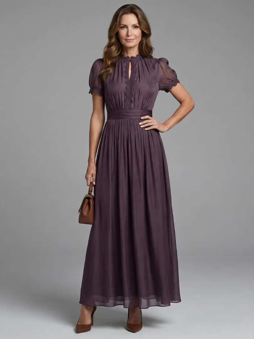 Lace Trim V-Neck Short Sleeve Pleated Chiffon Maxi Dress