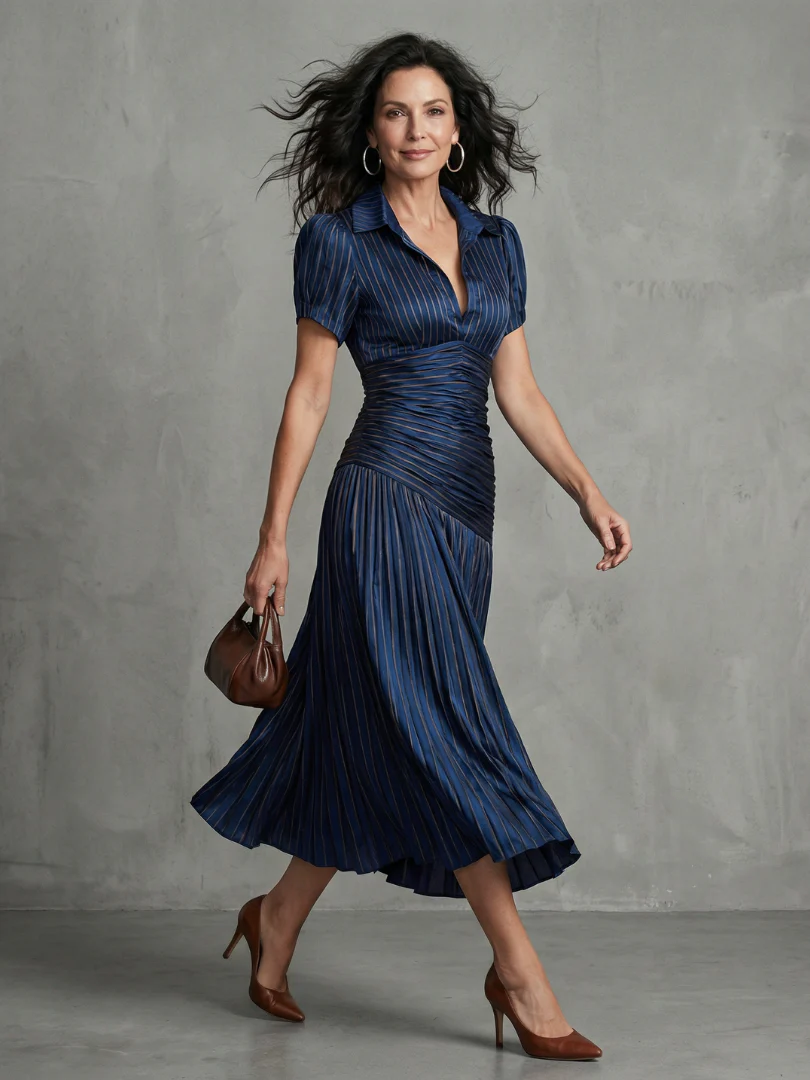 Collared Short Sleeve Pleated Ruched Midi Dress
