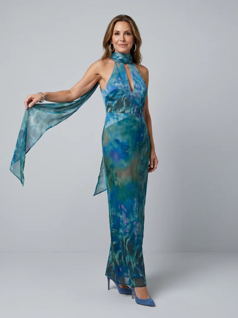 Watercolor Keyhole Halter Neck High Split Maxi Dress