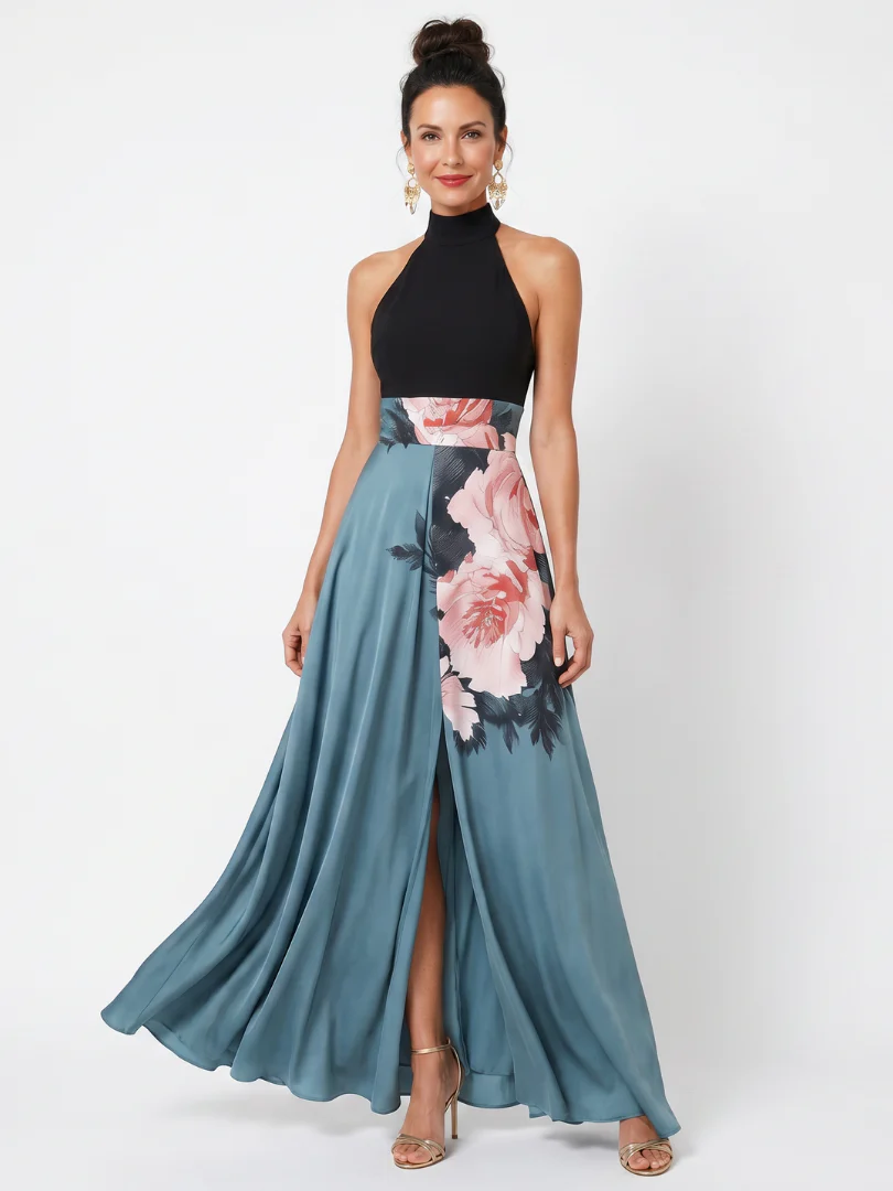 Halter Neck Floral Skirt High Split Maxi Dress