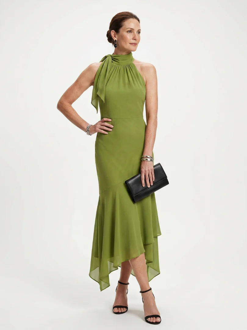 Halter Neck Tie Detail High Low Ruffle Midi Dress