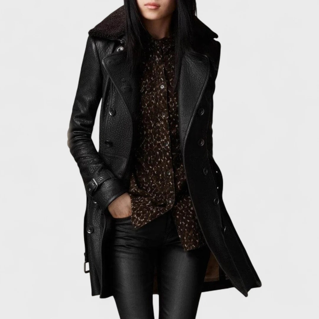 Faux Leather Faux Fur Collar Double Breasted Longline Coat