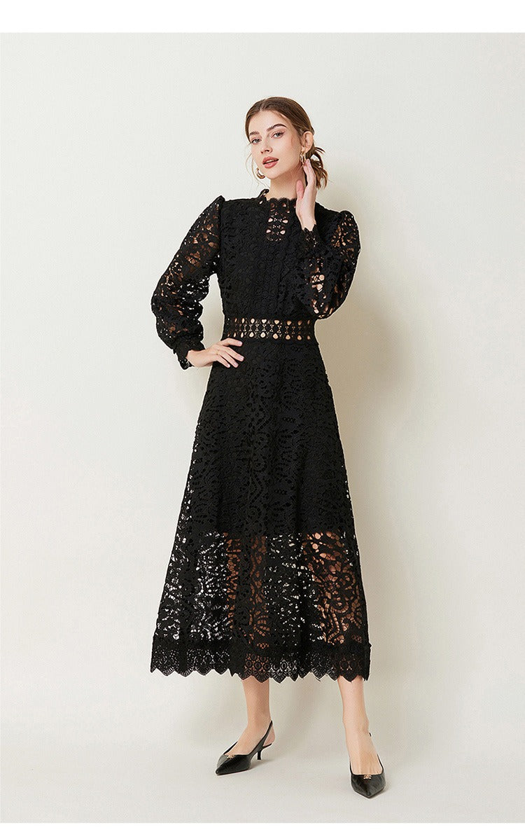 Guipure Lace Ruffle Mock Neck Puff Long Sleeve A-Line Midi Dress 5