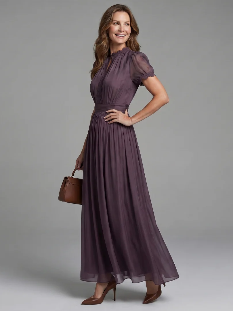 Lace Trim V-Neck Short Sleeve Pleated Chiffon Maxi Dress