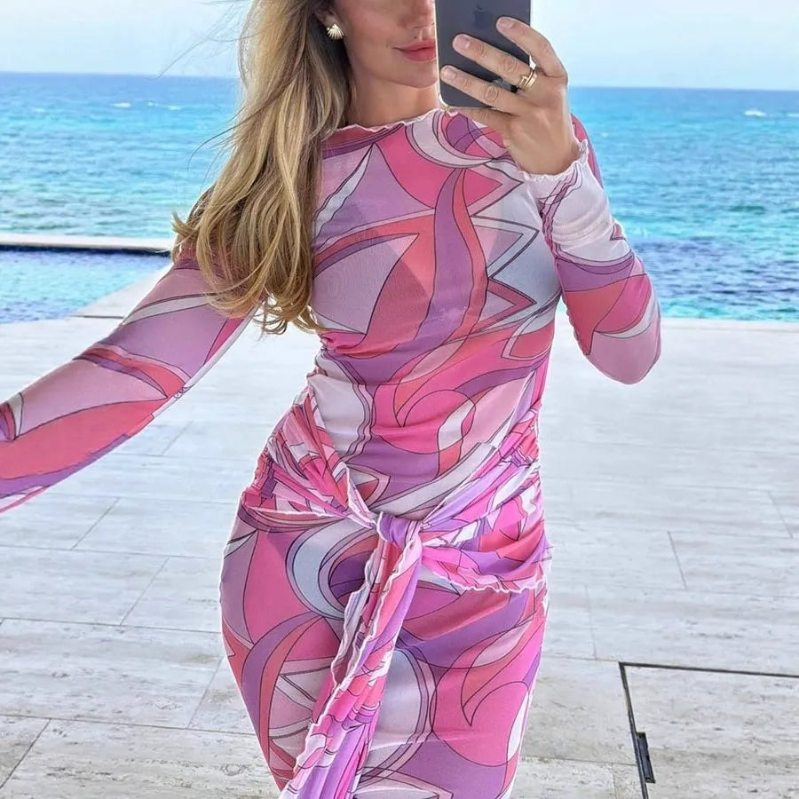 Abstract Print Mesh Long Sleeve Ruched Draped Side Maxi Dress 2