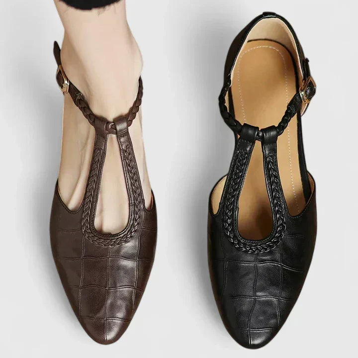 Pointed Toe Braided T-Strap Buckle Flats