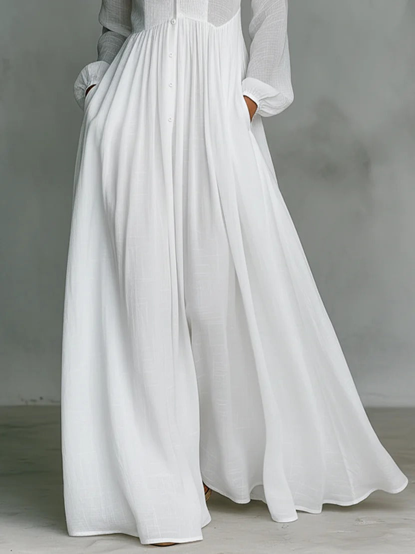Stand Collar Long Sleeve Button Front Flowy Maxi Shirt Dress