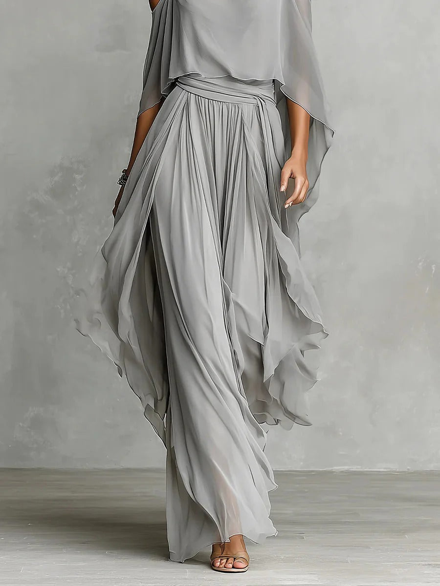 Cold Shoulder Spaghetti Strap Draped Asymmetric Maxi Dress