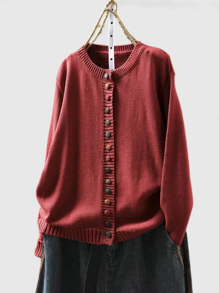 Crew Neck Ruffle Trim Button Front Cardigan