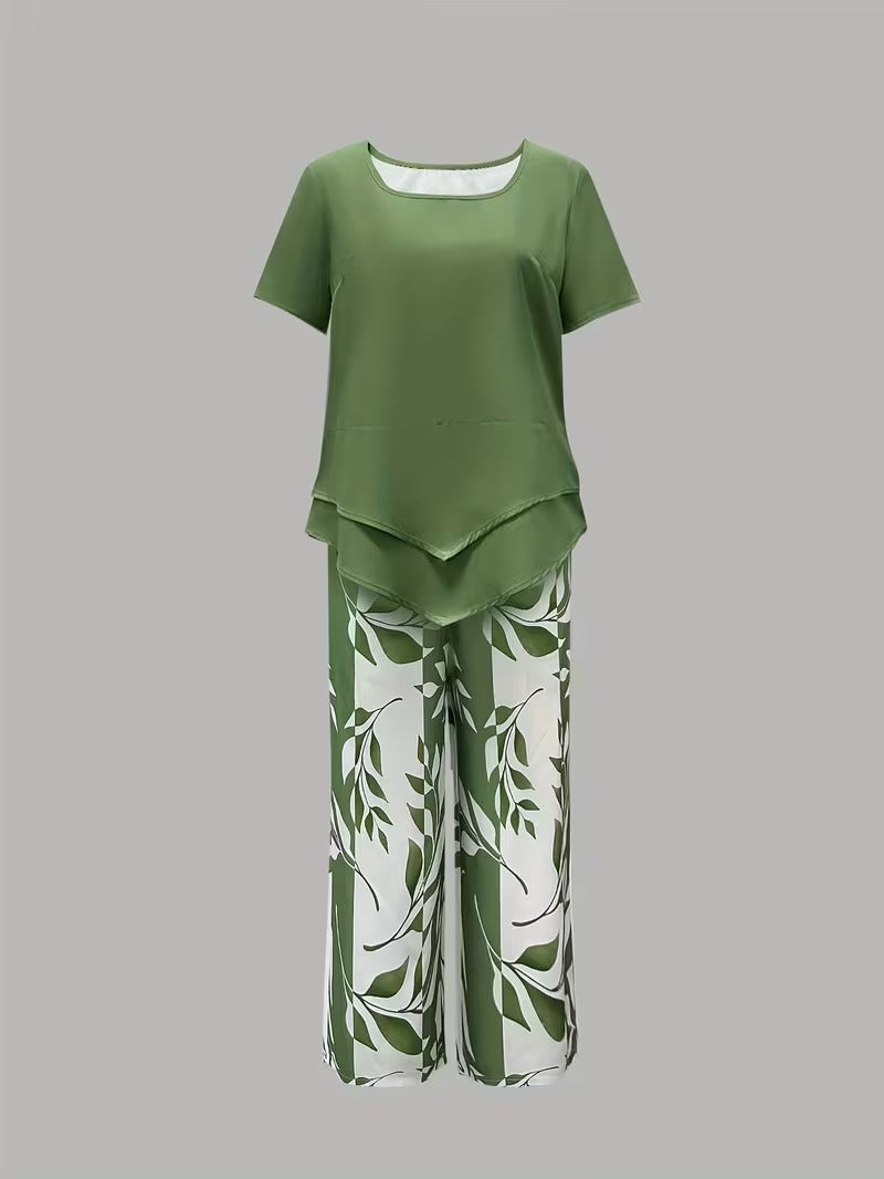 Short Sleeve Top and Leaf Print Cropped Pants Two Piece Set