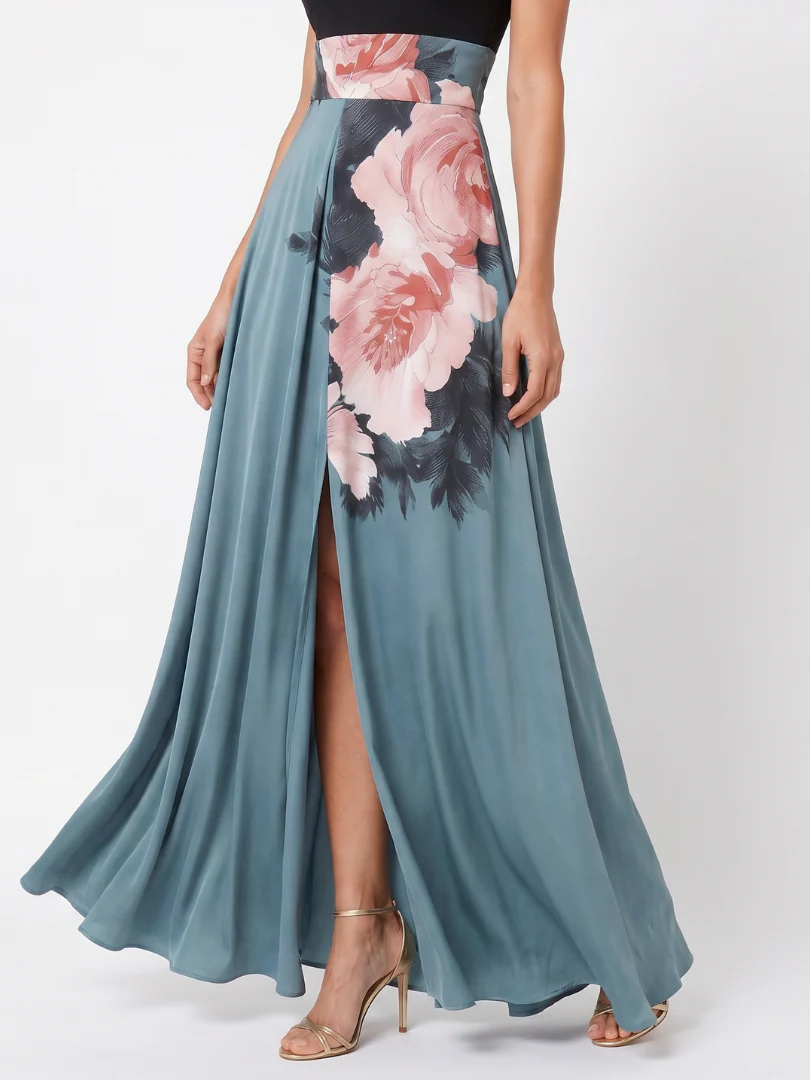 Halter Neck Floral Skirt High Split Maxi Dress