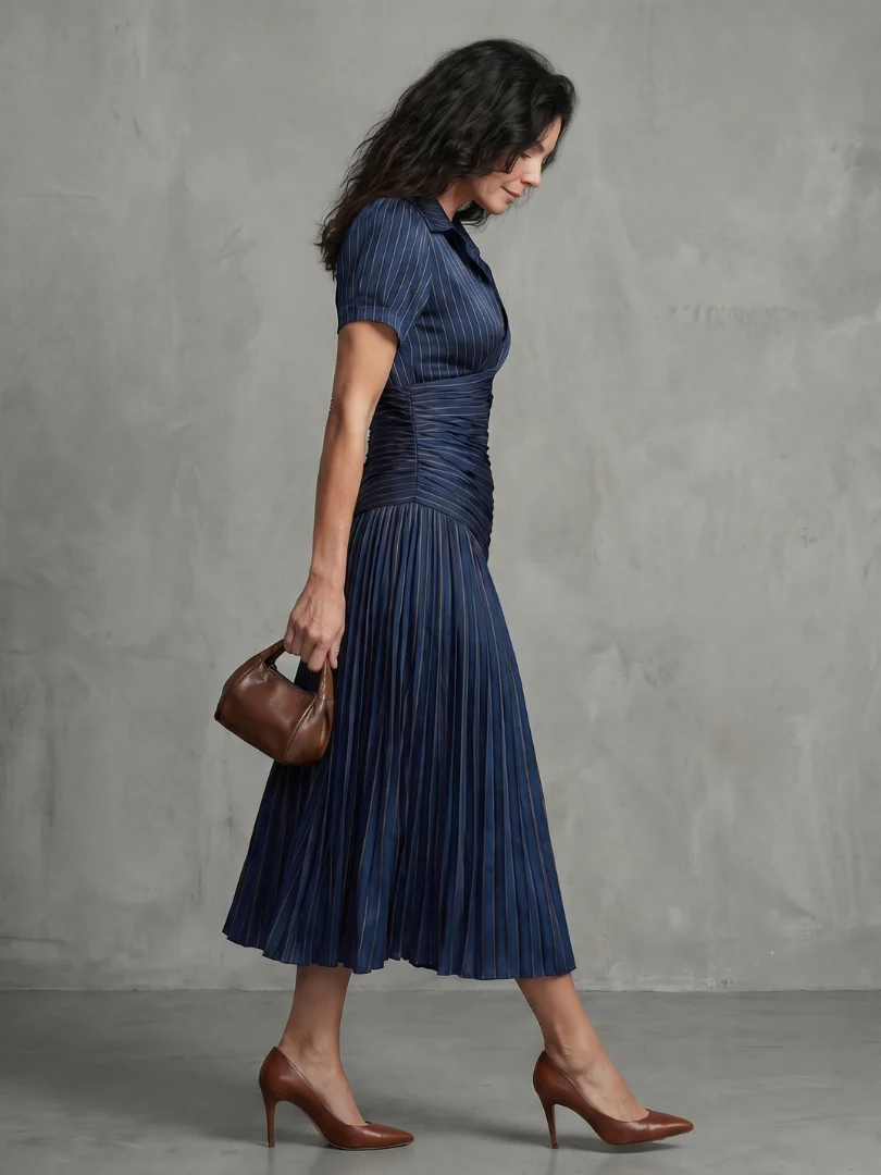 Collared Short Sleeve Pleated Ruched Midi Dress