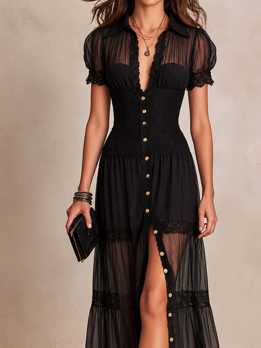 Sheer Mesh Lace Trim Button Front Smocked Waist Maxi Dress