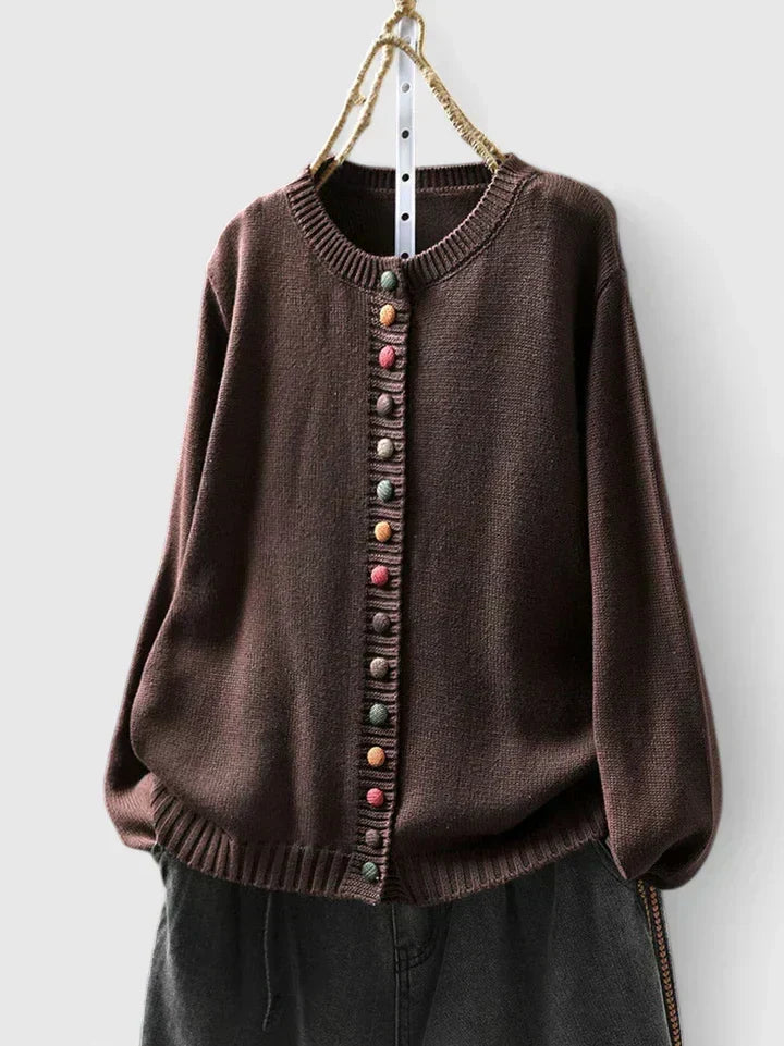 Crew Neck Ruffle Trim Button Front Cardigan