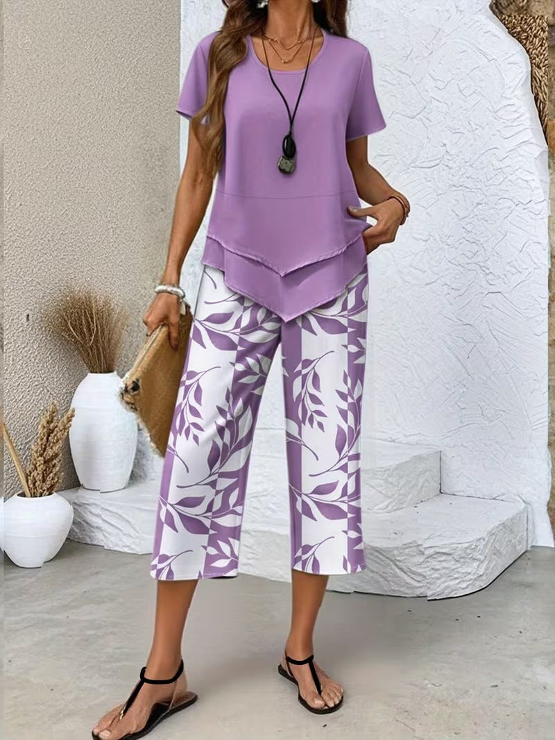 Short Sleeve Top and Leaf Print Cropped Pants Two Piece Set