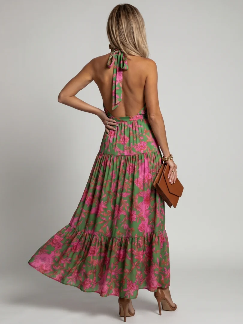 Floral Halter Neck Belted Tiered Maxi Dress 3