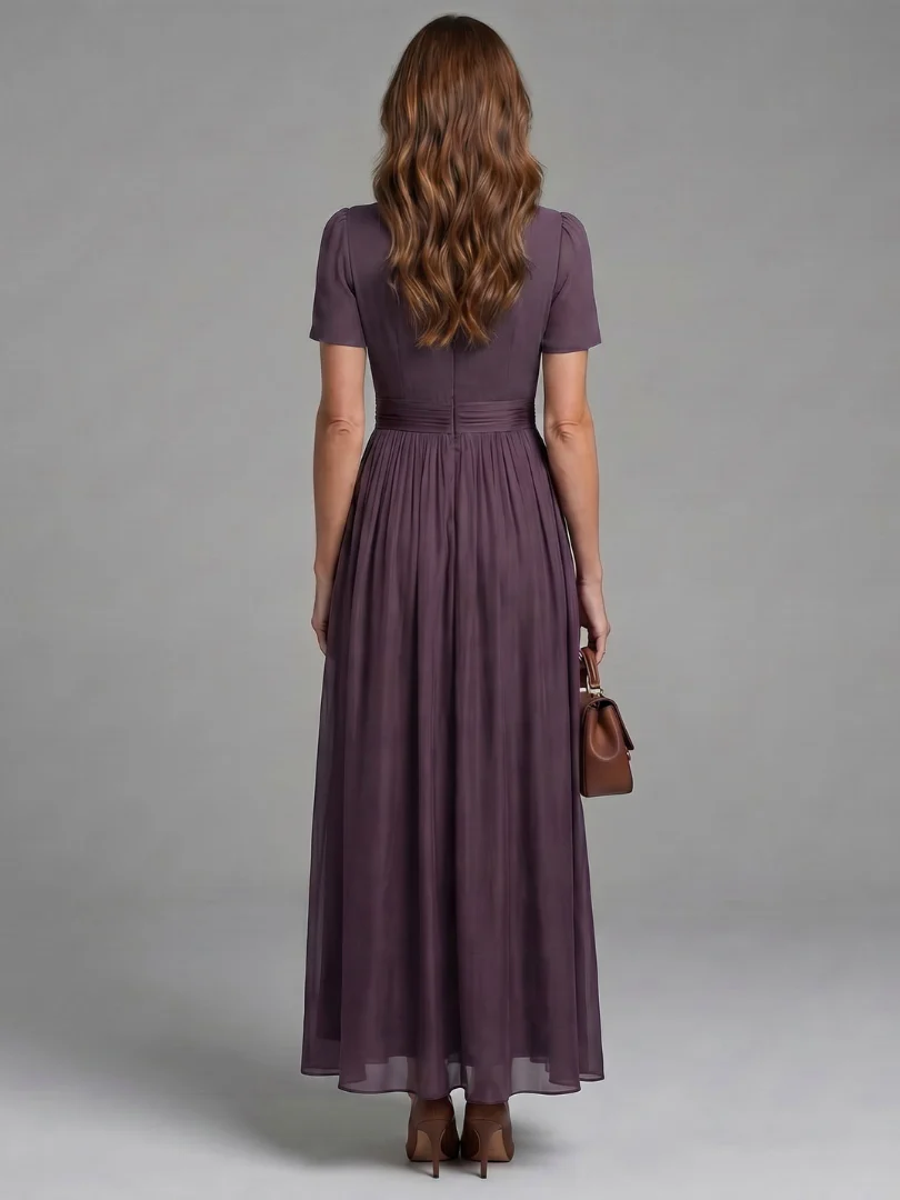 Lace Trim V-Neck Short Sleeve Pleated Chiffon Maxi Dress