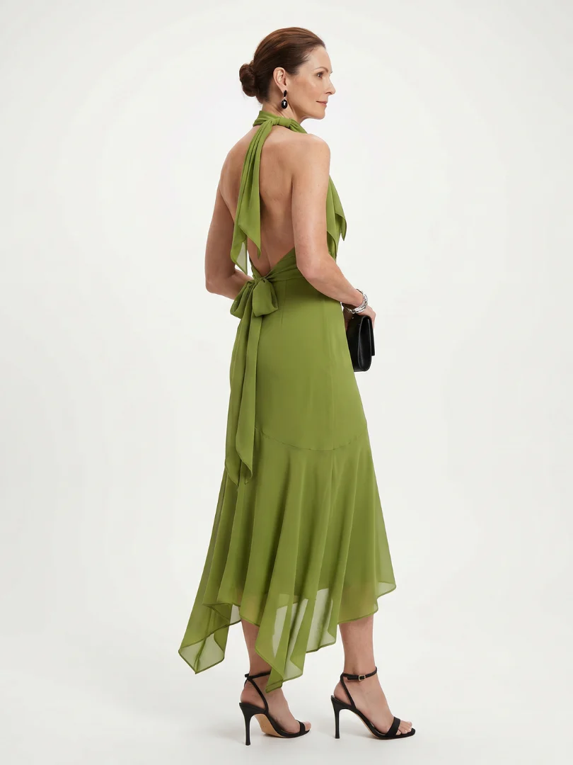 Halter Neck Tie Detail High Low Ruffle Midi Dress