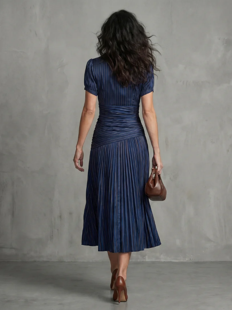 Collared Short Sleeve Pleated Ruched Midi Dress