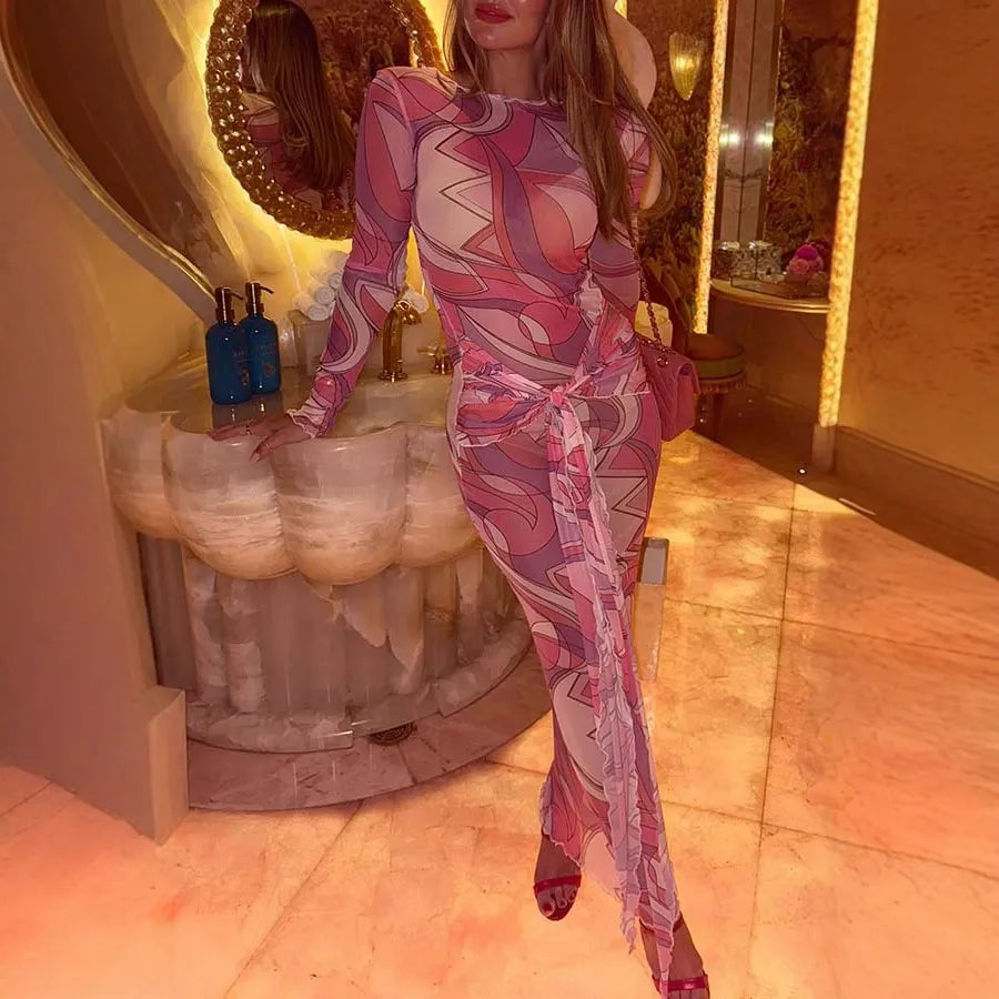 Abstract Print Mesh Long Sleeve Ruched Draped Side Maxi Dress 4