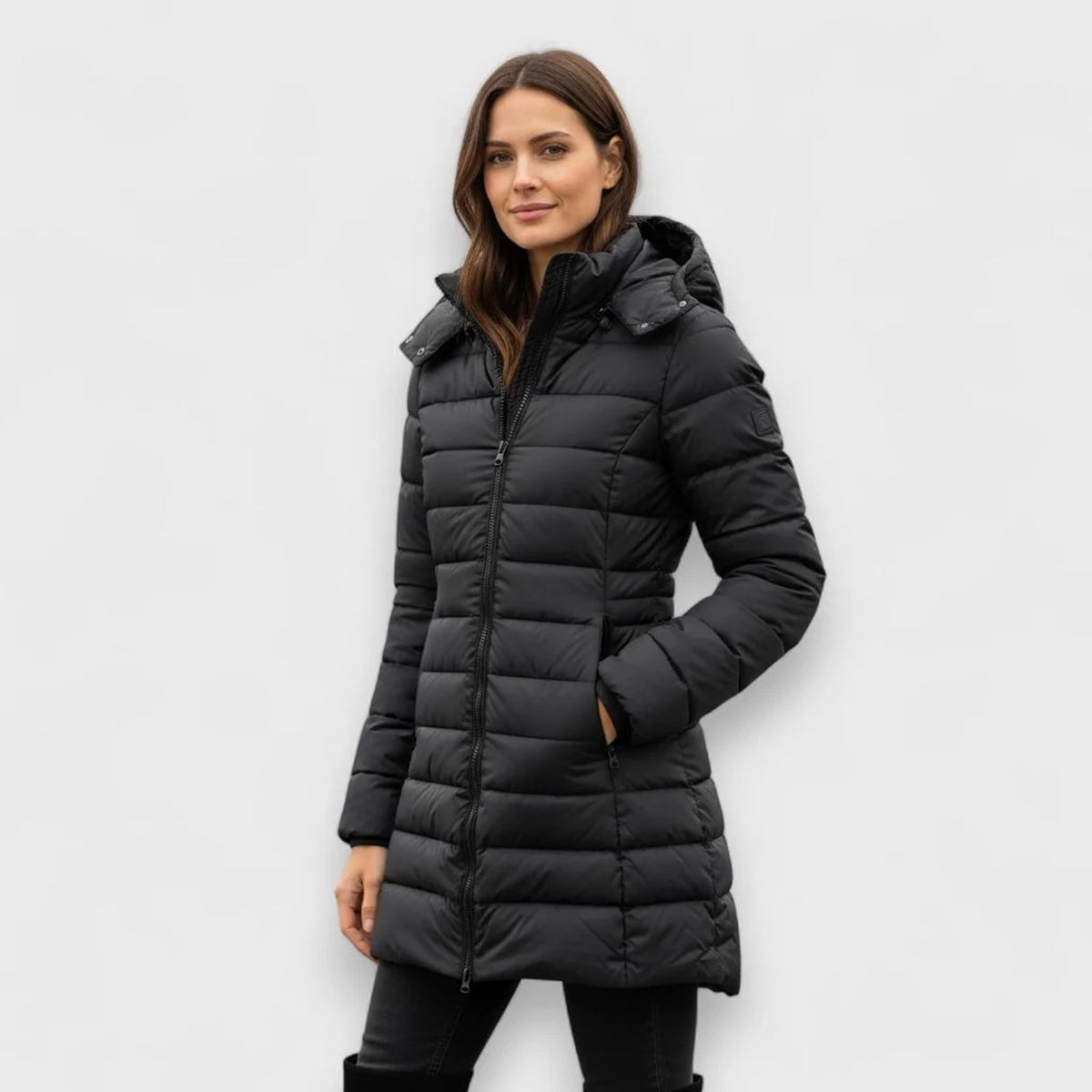 Hooded Zip Front Quilted Longline Puffer Coat