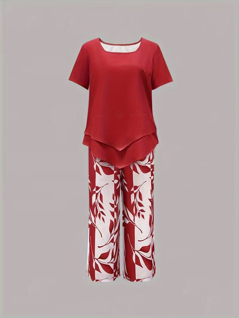 Short Sleeve Top and Leaf Print Cropped Pants Two Piece Set