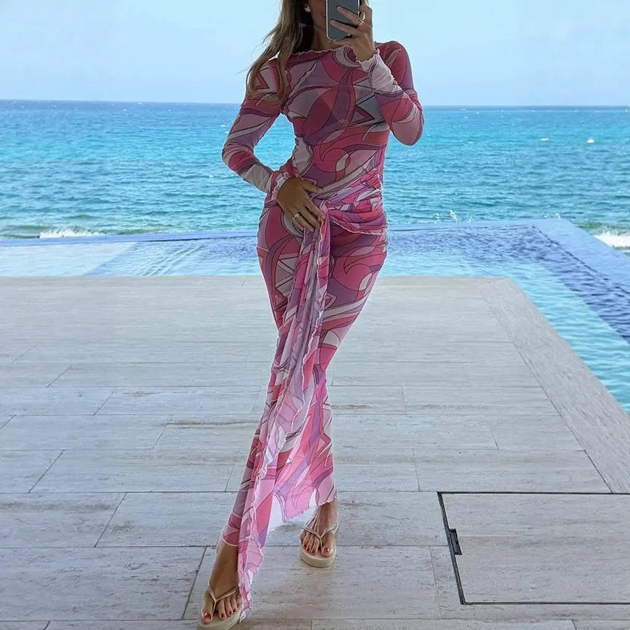 Abstract Print Mesh Long Sleeve Ruched Draped Side Maxi Dress