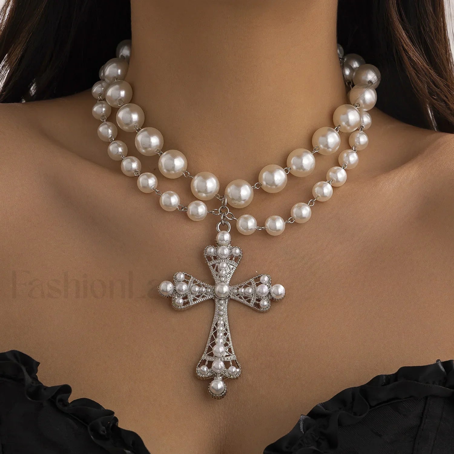Imitation Pearl Gothic Pendant Cross Necklace