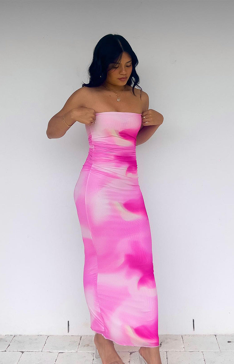 Tie Dye Strapless Tube Bodycon Maxi Dress 8