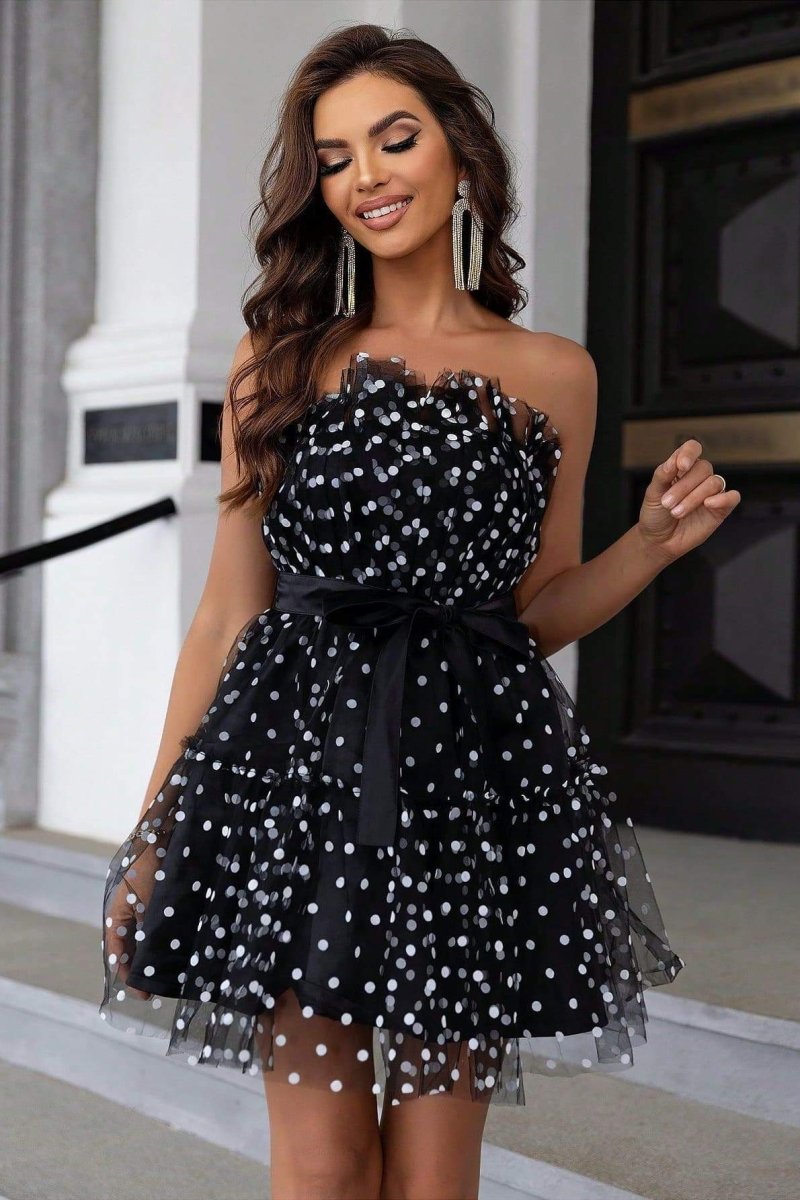 Polka Dot Strapless Tiered Tulle Mini Dress