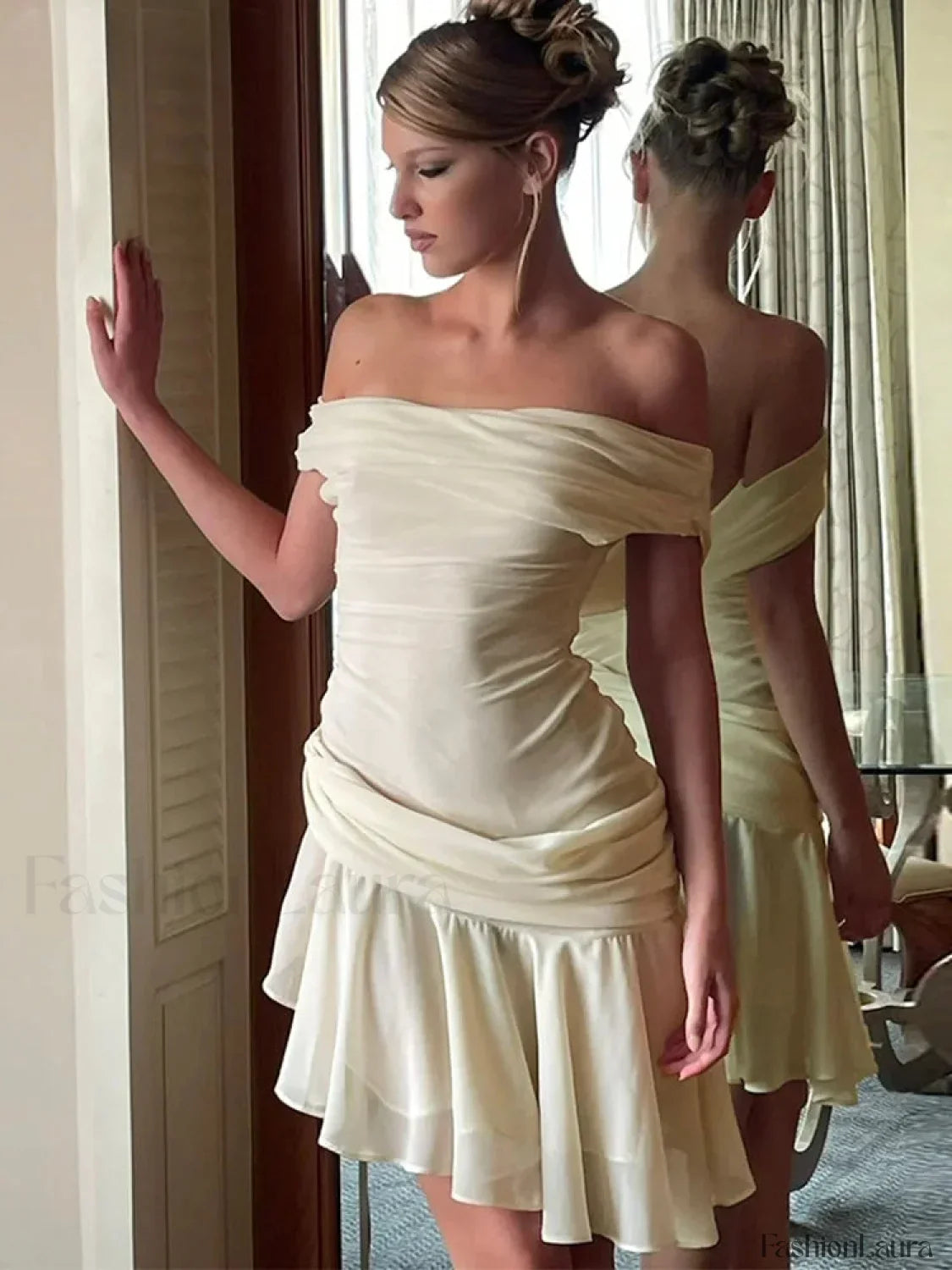 Inclined Shoulder Patchwork Mini Dress