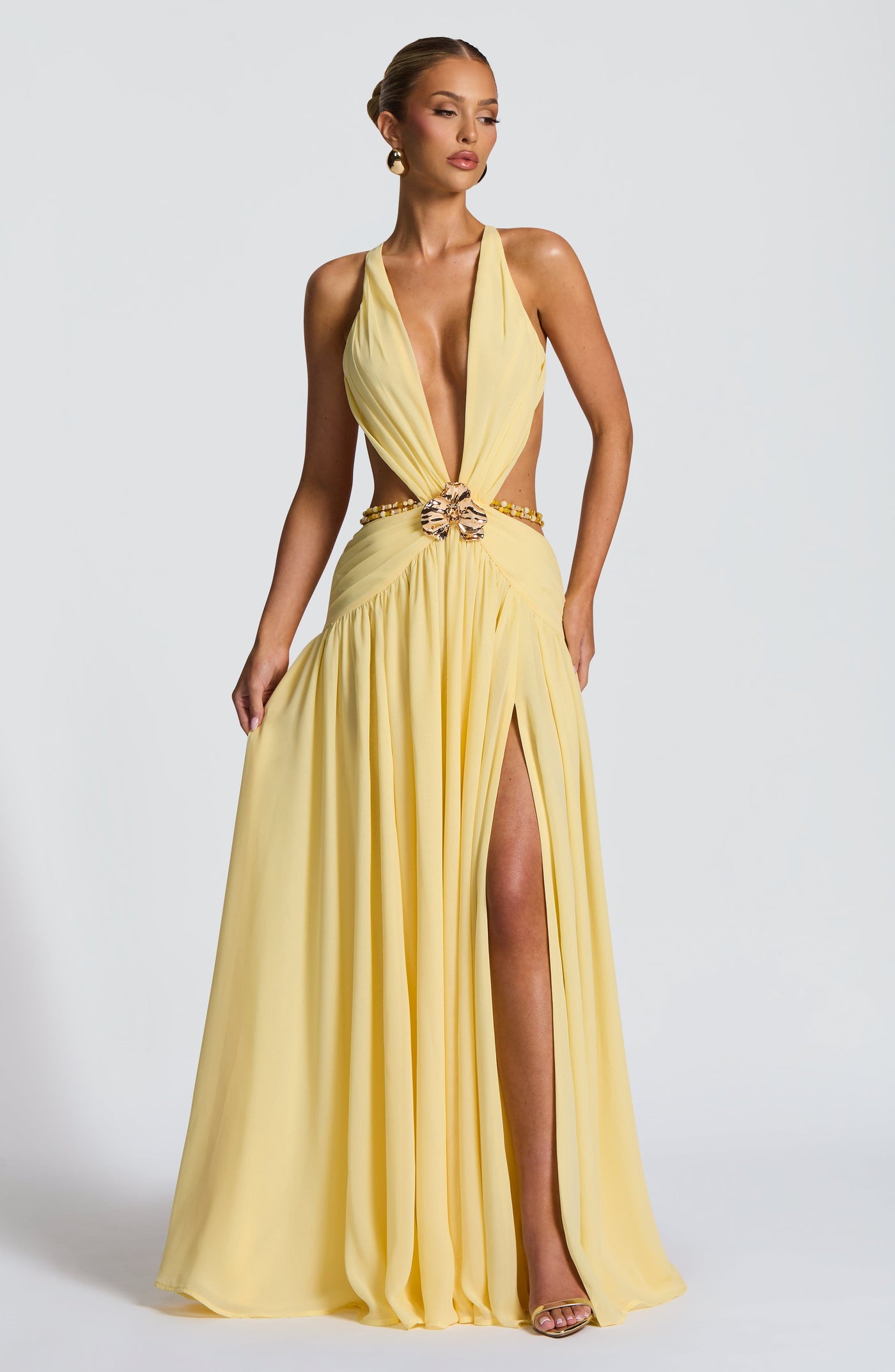 Deep V-Neck Cut Out High Split Chiffon Maxi Dress